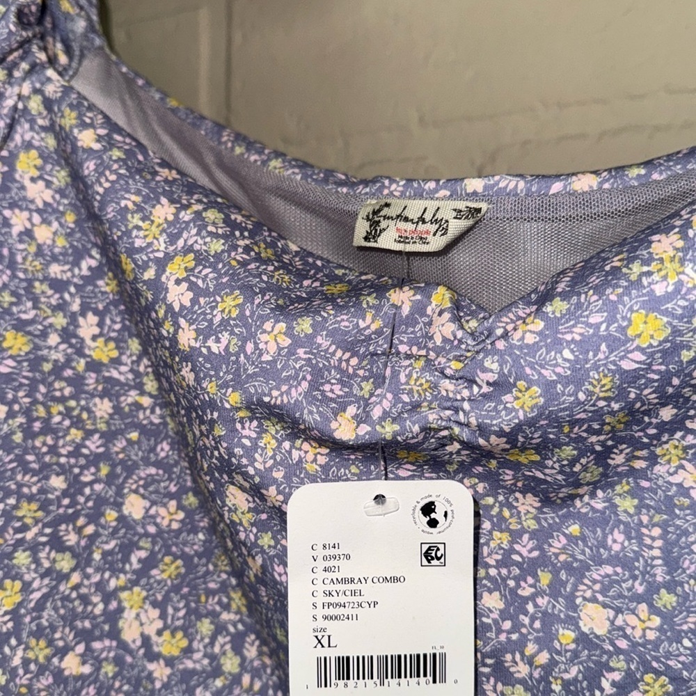 Free People bodysuit puff ruched shirt sleeve Bella chambray combo floral xL NeW - Picture 7 of 11